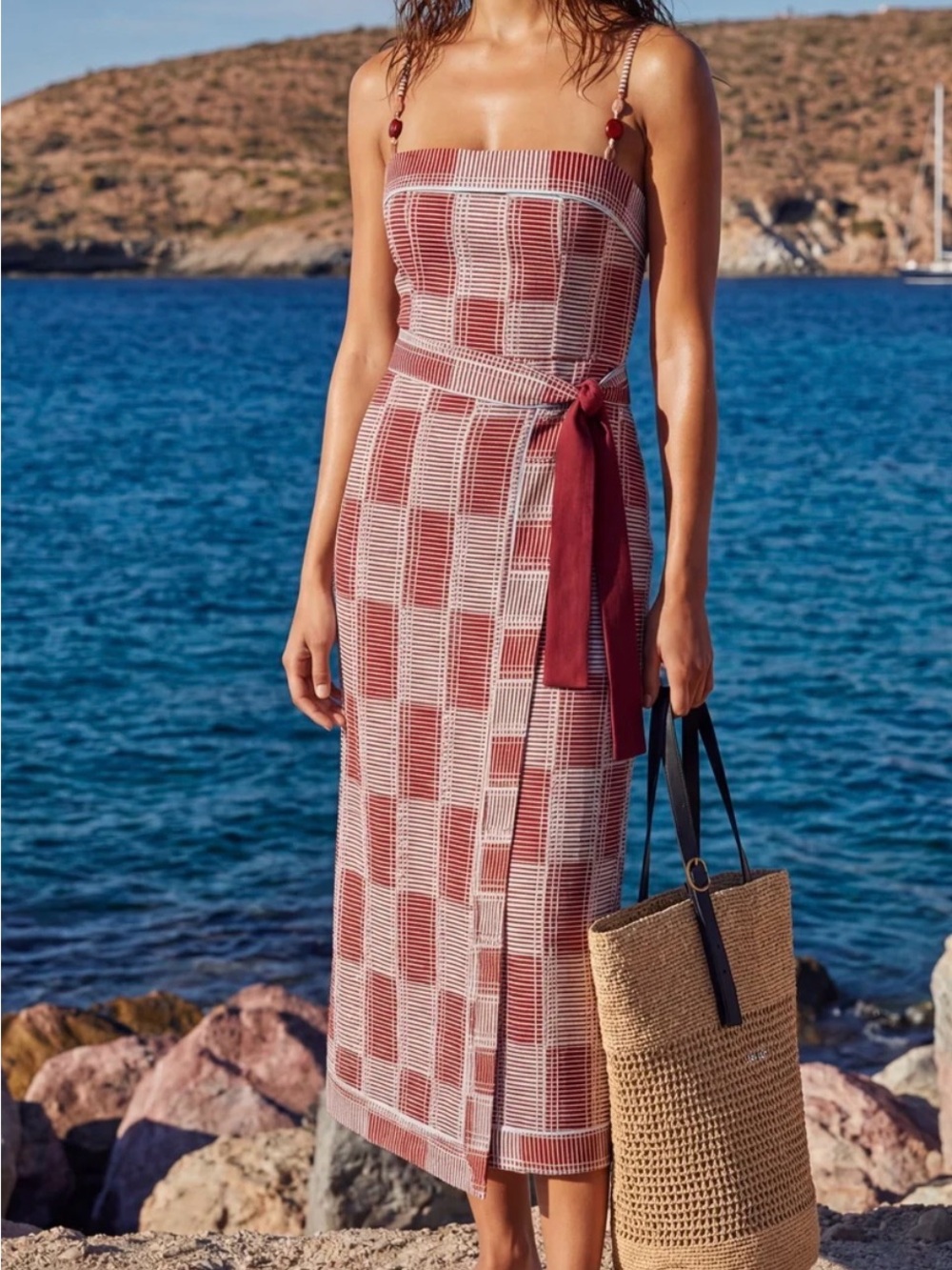 Strapless Checked Midi Dress in Rose-Red with Tie Waist